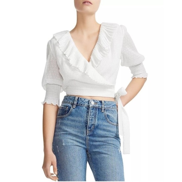 MWT Maje Plumeti Cropped White Wrap Ruffle V-neck Wrap Blouse Size 2 NEW - Picture 15 of 15